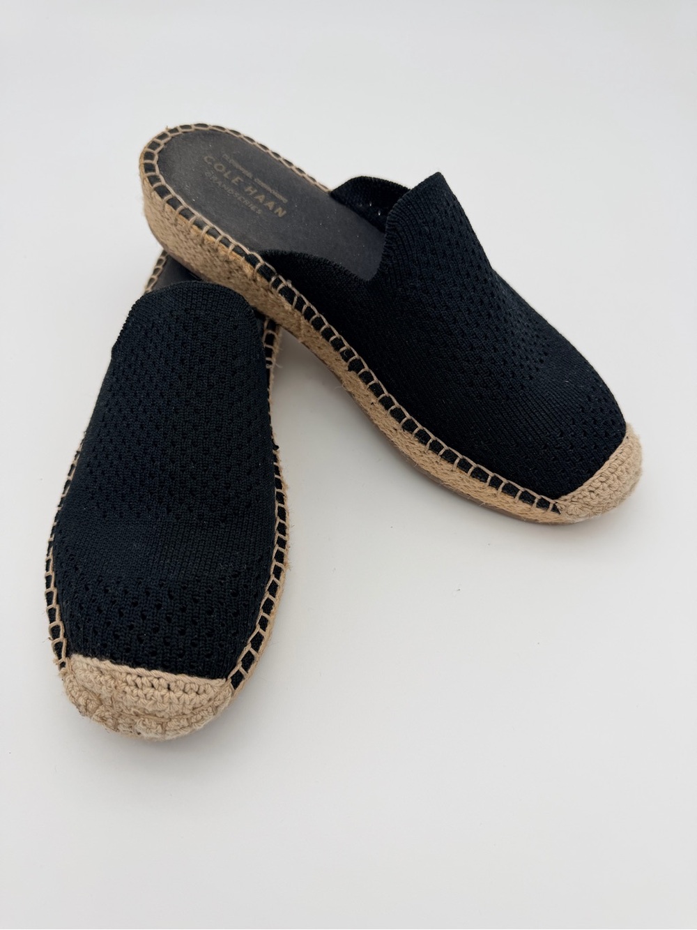 Cole Haan Black and Natural Knit Espadrille Mule size 7.5